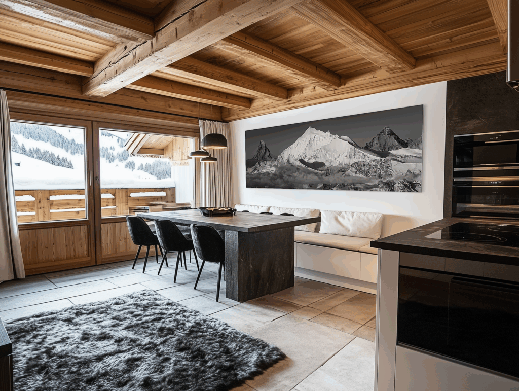 Just as the old beams and wood tell a story, the Weisshorn and Dent Blanche interact with the room's Alpine authenticity.