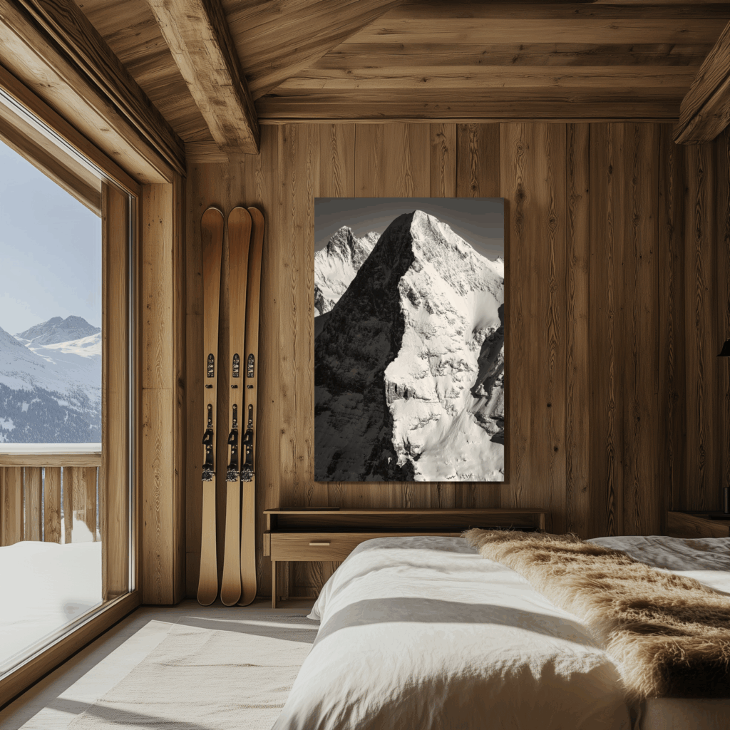 Beneath the weathered beams, the Eiger embodies the quiet power of the Alps. A work that links contemporary design with the grandeur of the peaks.