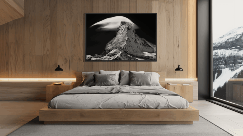 In the tranquility of Light wood, the Matterhorn stands guard like a sacred presence. Alpine art invites itself into the intimacy of luxury.